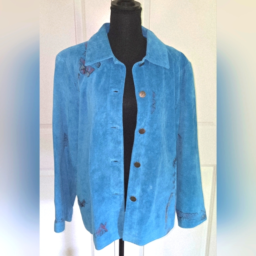 CHICOS Vintage Teal Leather Jacket W/ Design Sz 2